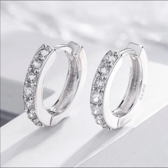 New 925 Sterling Silver Round Diamond Huggie Hoops - Picture 2 of 7